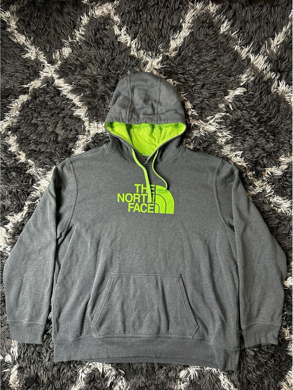 The North Face Big Logo Hoodie Sweatshirt Mens XXL Grey Lime Green Pullover